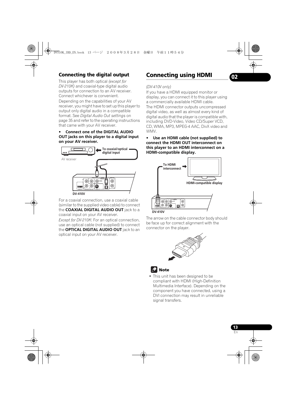 Connecting using hdmi, Connecting the digital output | Pioneer DV-510K-S User Manual | Page 13 / 52