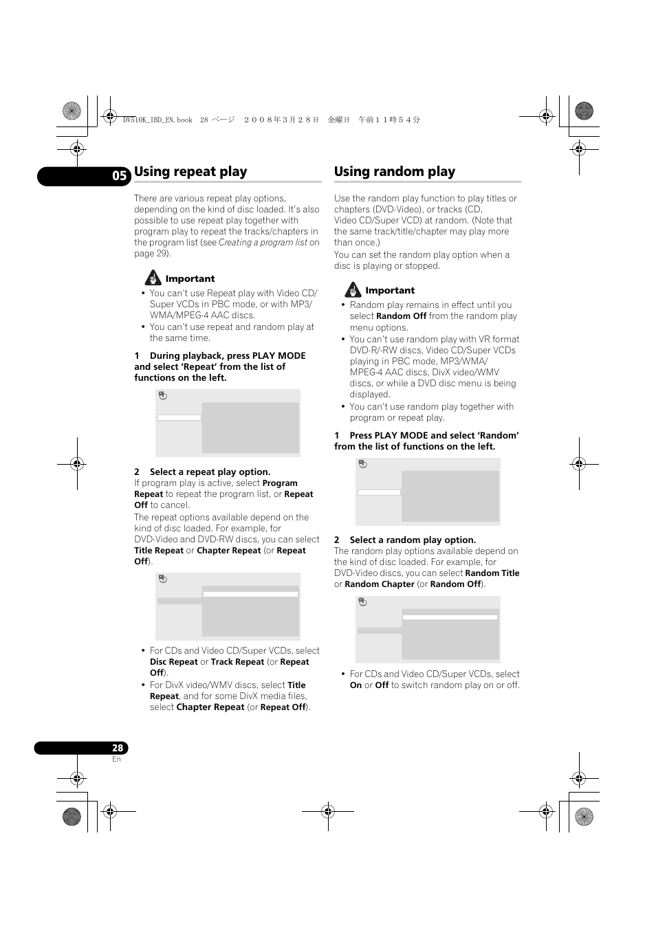 Using repeat play, Using random play | Pioneer DV-510K-S User Manual | Page 28 / 52