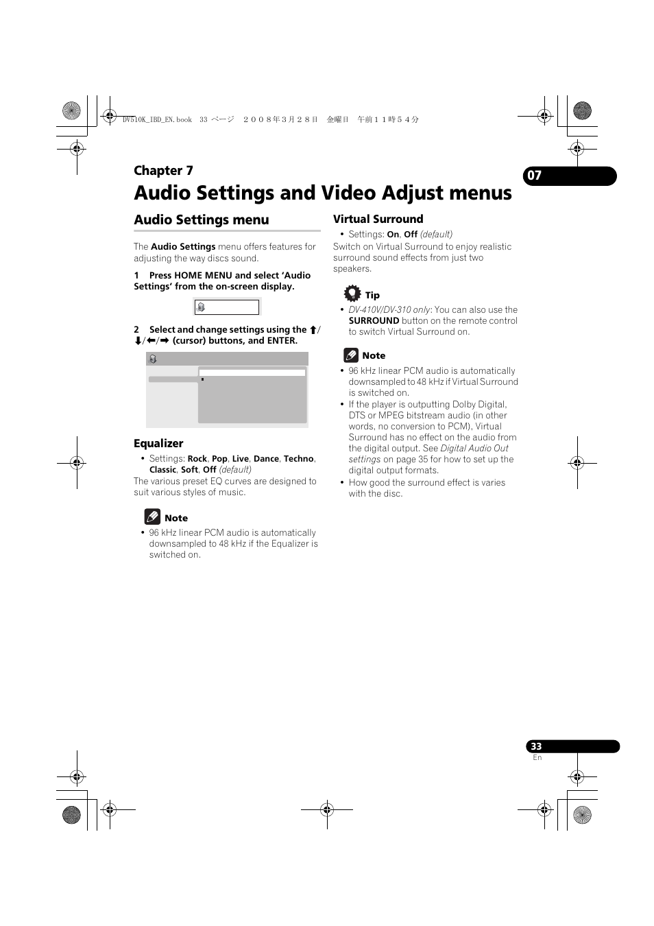 Audio settings menu, Audio settings and video adjust menus, Chapter 7 | Pioneer DV-510K-S User Manual | Page 33 / 52