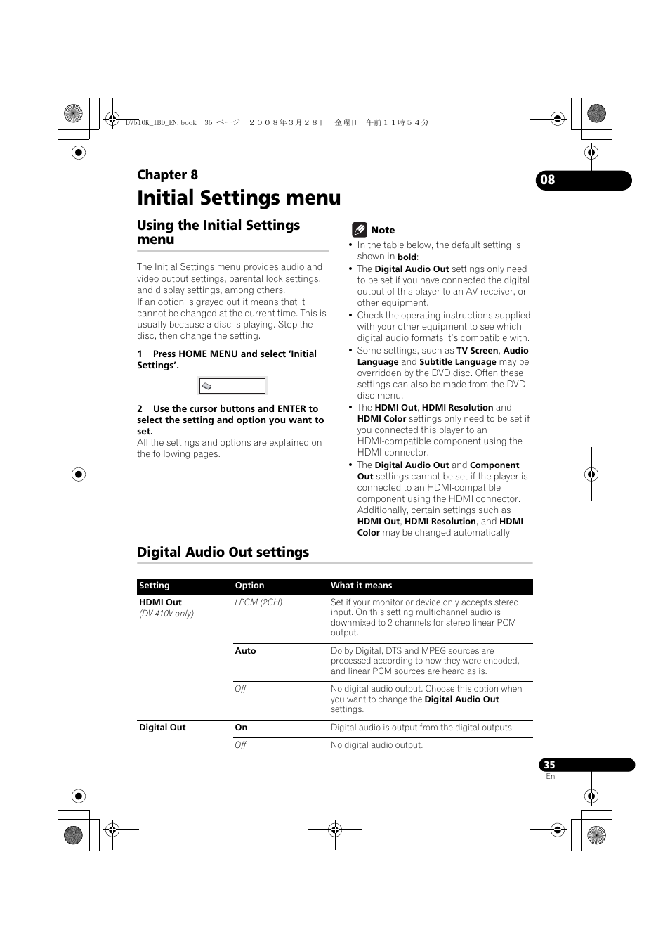Using the initial settings menu, Digital audio out settings, Initial settings menu | Chapter 8 | Pioneer DV-510K-S User Manual | Page 35 / 52