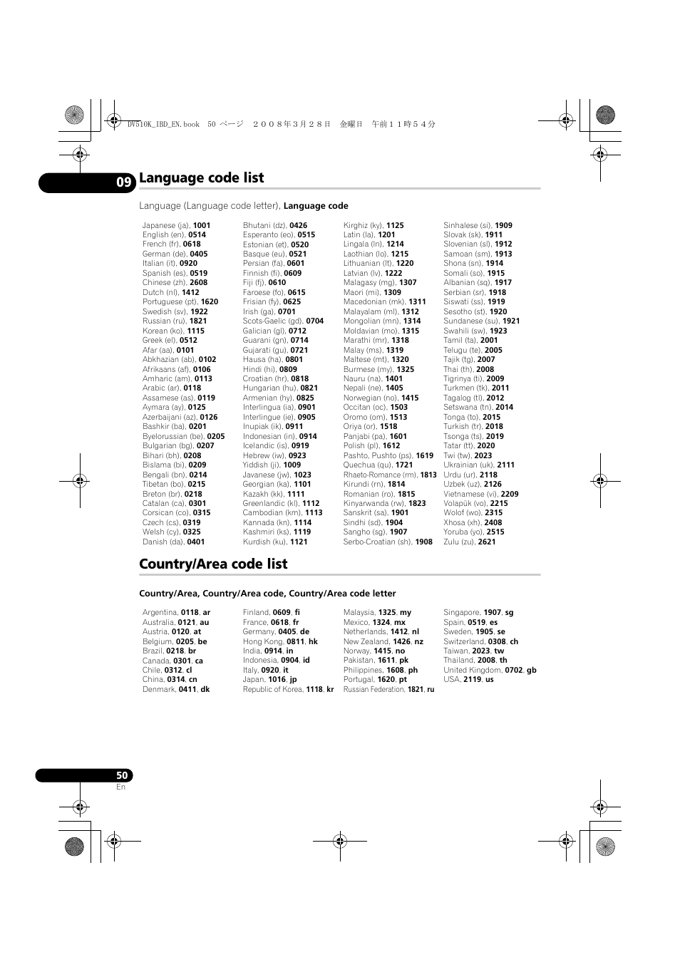 Language code list, Country/area code list | Pioneer DV-510K-S User Manual | Page 50 / 52