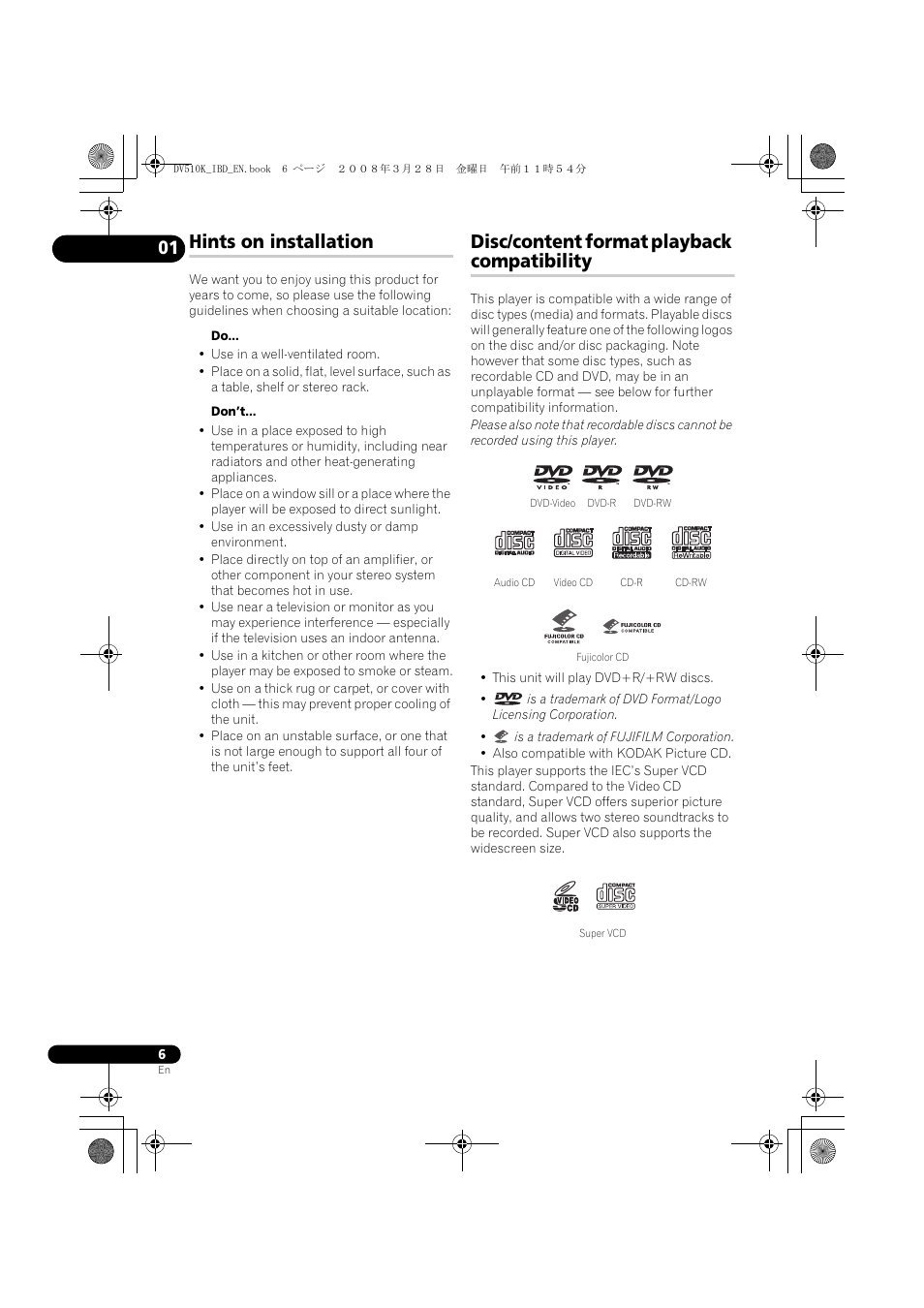 Hints on installation, Disc/content format playback compatibility | Pioneer DV-510K-S User Manual | Page 6 / 52