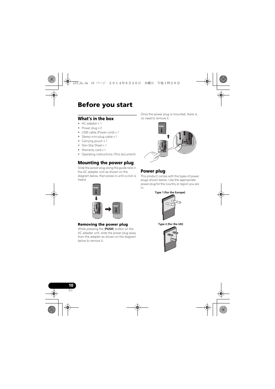 Before you start, What’s in the box, Mounting the power plug | Power plug | Pioneer XW-LF3-K User Manual | Page 10 / 92