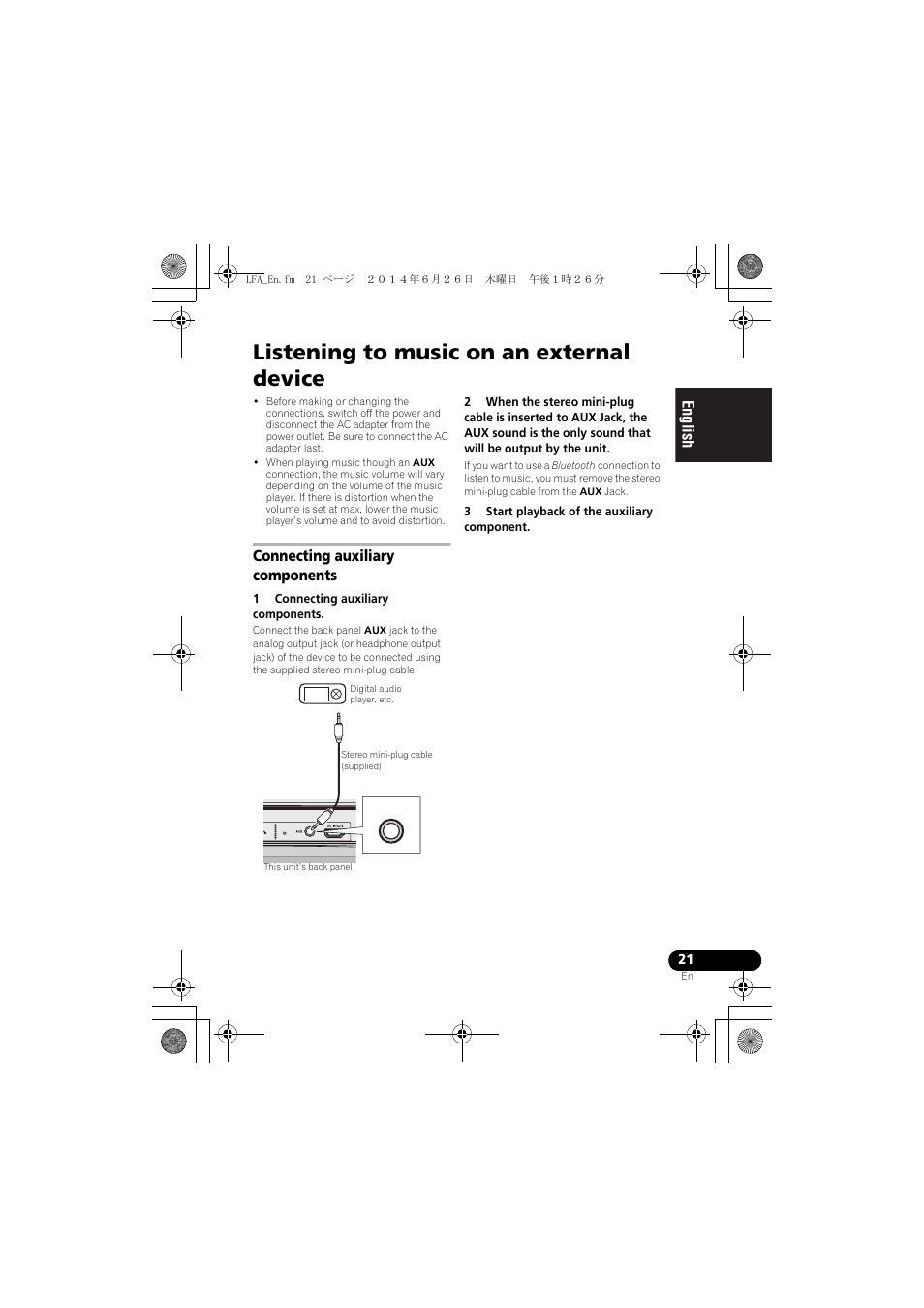 Listening to music on an external device, Connecting auxiliary components, English français español | Pioneer XW-LF3-K User Manual | Page 21 / 92