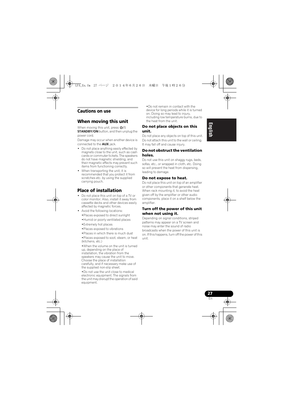 Cautions on use, When moving this unit, Place of installation | English français español, Cautions on use when moving this unit | Pioneer XW-LF3-K User Manual | Page 27 / 92