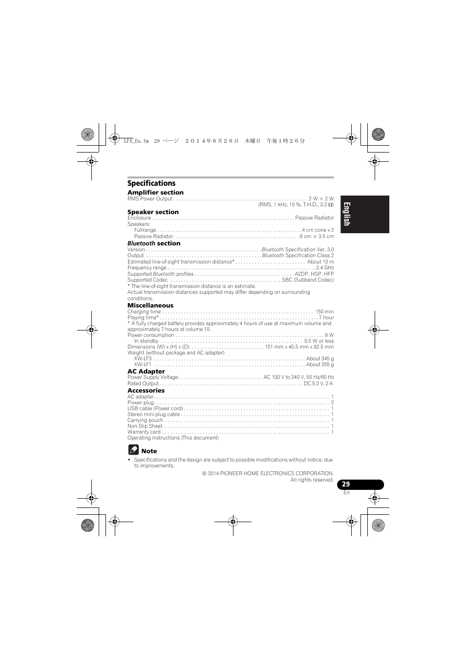 Specifications, English français español | Pioneer XW-LF3-K User Manual | Page 29 / 92