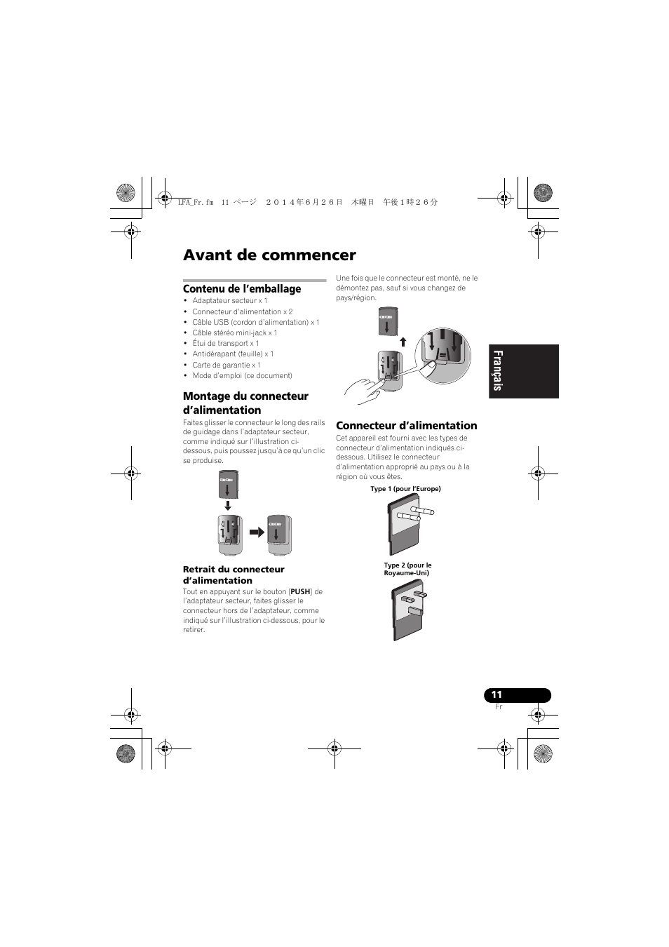 Avant de commencer, Contenu de l’emballage, Montage du connecteur d’alimentation | Connecteur d’alimentation, English français español | Pioneer XW-LF3-K User Manual | Page 39 / 92