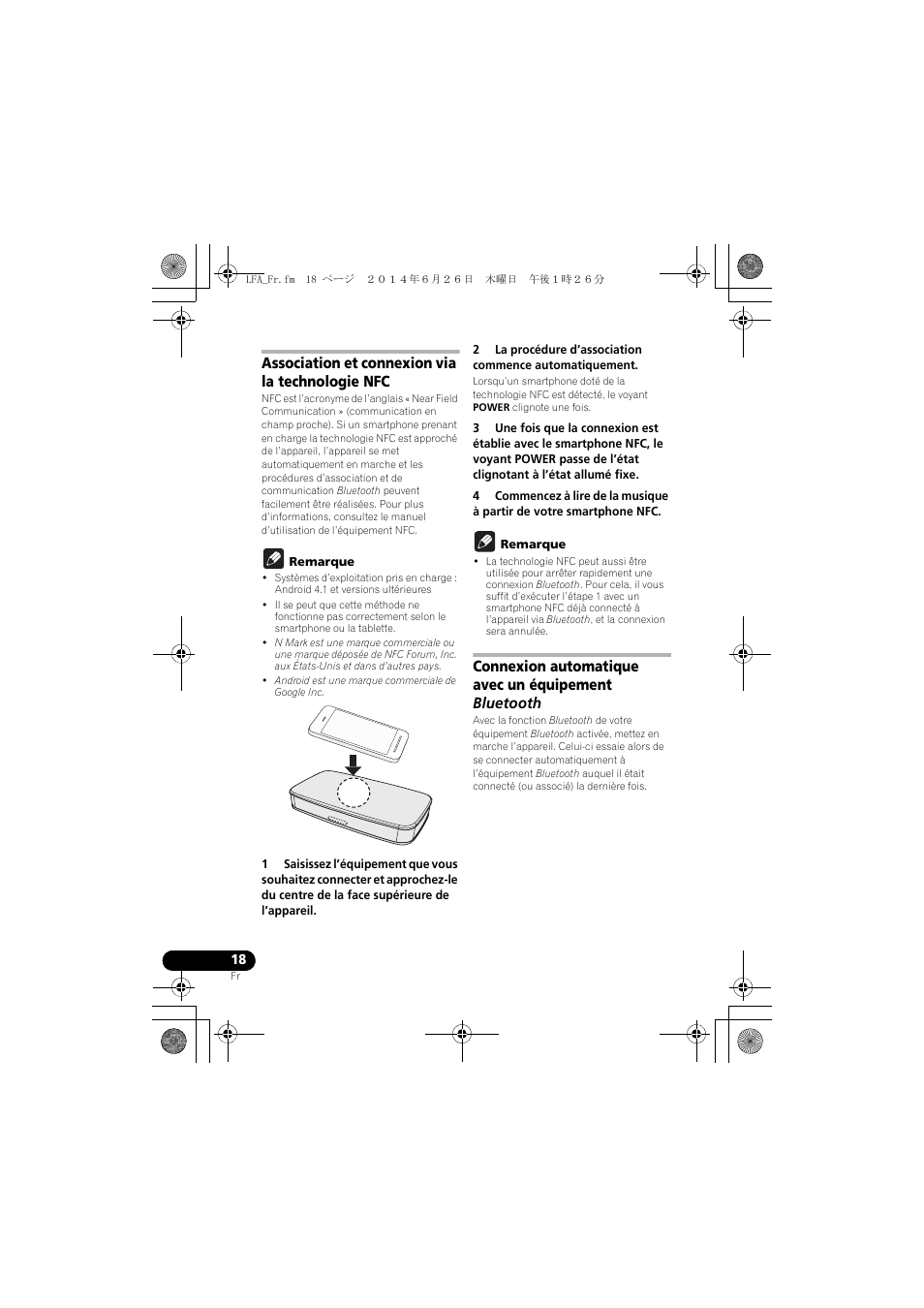 Association et connexion via la technologie nfc, Connexion automatique avec un équipement bluetooth | Pioneer XW-LF3-K User Manual | Page 46 / 92