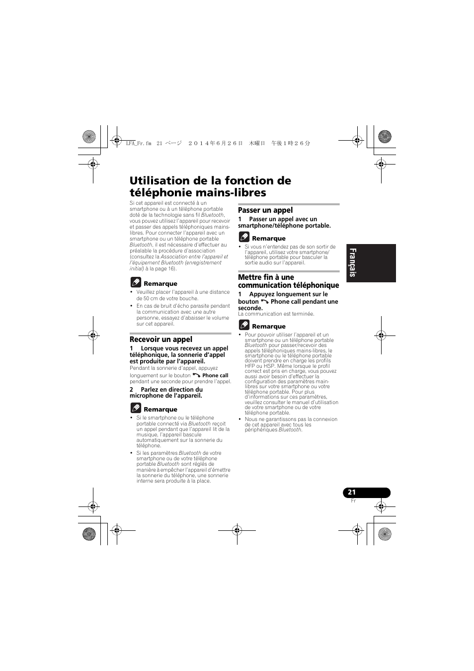 Recevoir un appel, Passer un appel, Mettre fin à une communication téléphonique | English français español | Pioneer XW-LF3-K User Manual | Page 49 / 92