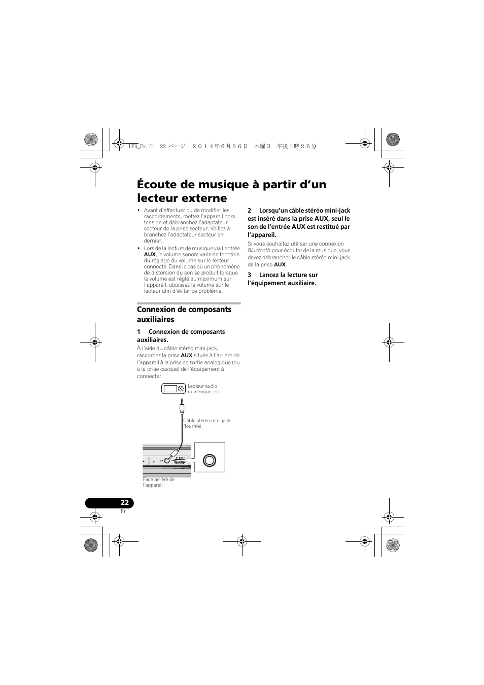 Écoute de musique à partir d’un lecteur externe, Connexion de composants auxiliaires | Pioneer XW-LF3-K User Manual | Page 50 / 92