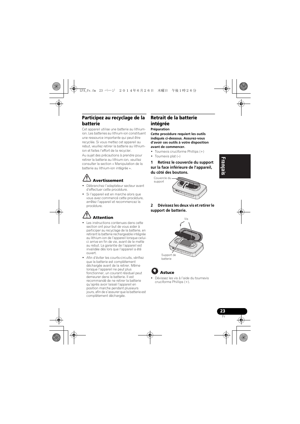 Participez au recyclage de la batterie, Retrait de la batterie intégrée, English français español | Pioneer XW-LF3-K User Manual | Page 51 / 92