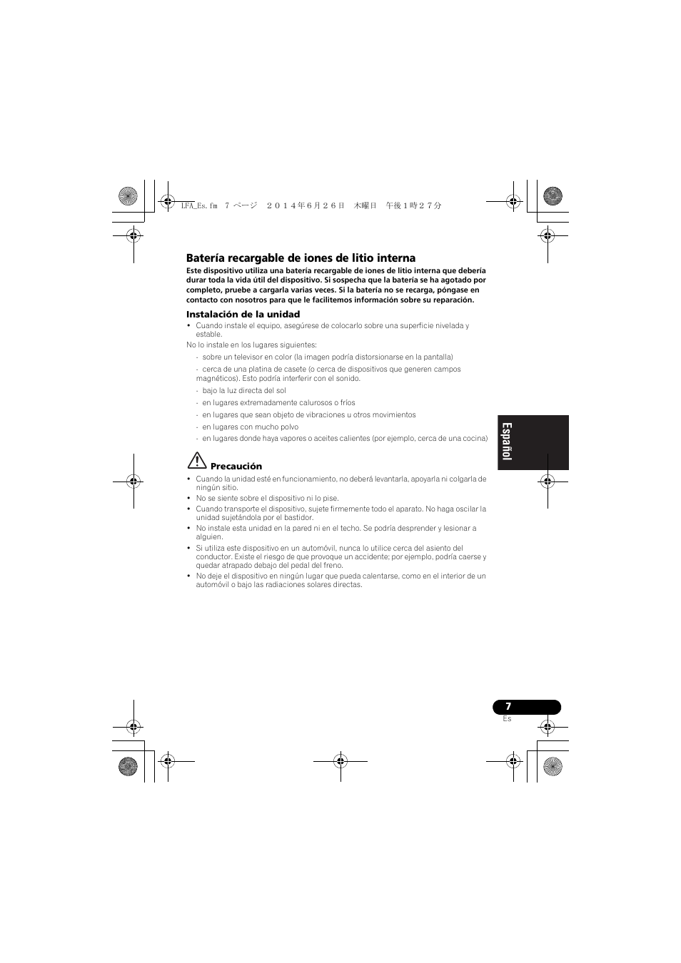 English français español, Batería recargable de iones de litio interna | Pioneer XW-LF3-K User Manual | Page 65 / 92