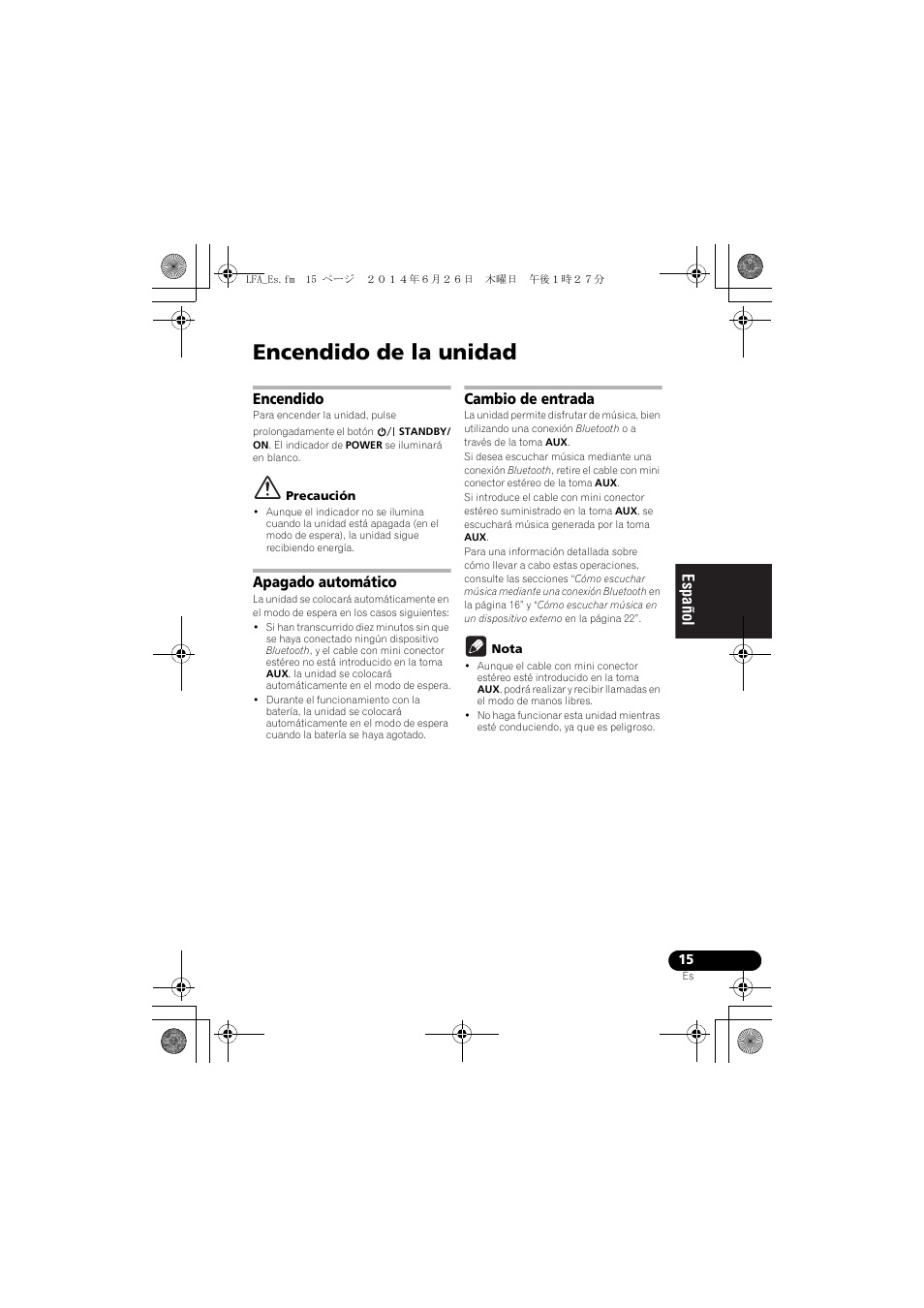 Encendido de la unidad, Encendido, Apagado automático | Cambio de entrada, English français español | Pioneer XW-LF3-K User Manual | Page 73 / 92