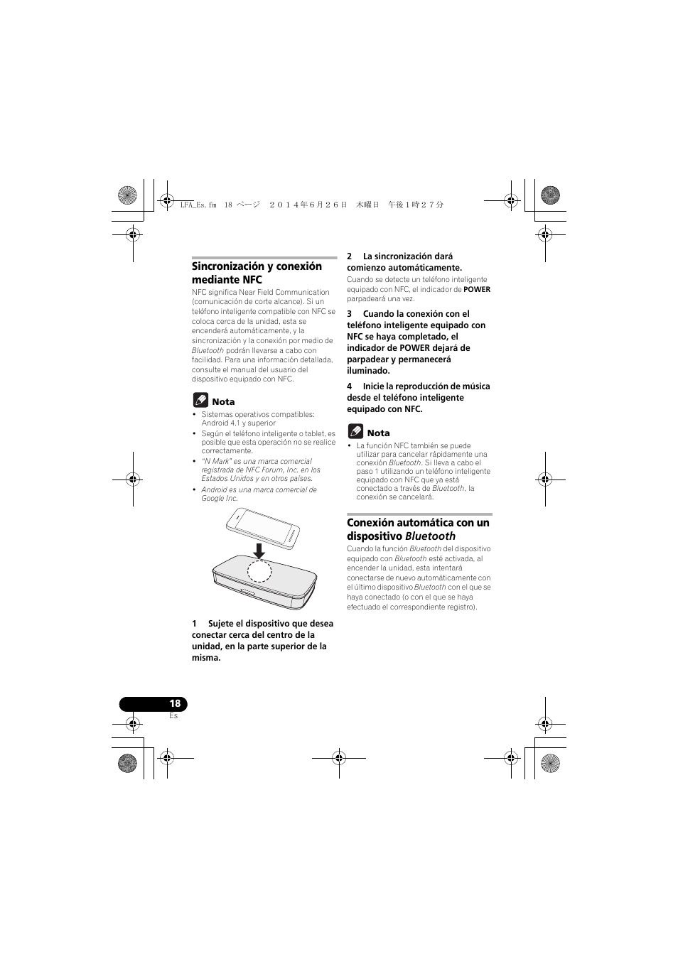 Sincronización y conexión mediante nfc, Conexión automática con un dispositivo bluetooth | Pioneer XW-LF3-K User Manual | Page 76 / 92