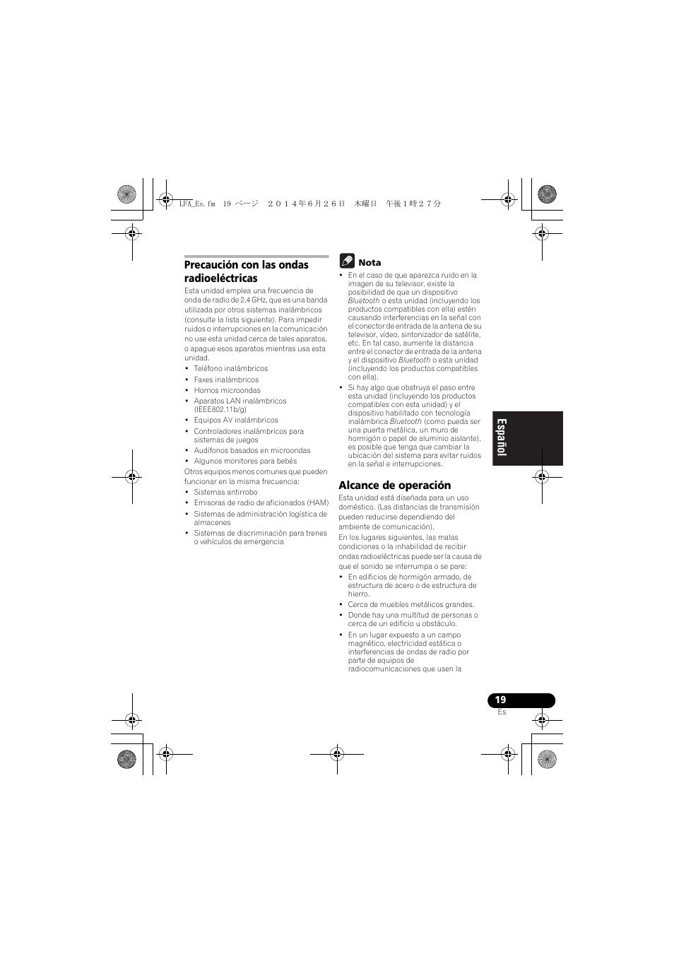 Precaución con las ondas radioeléctricas, Alcance de operación, English français español | Pioneer XW-LF3-K User Manual | Page 77 / 92