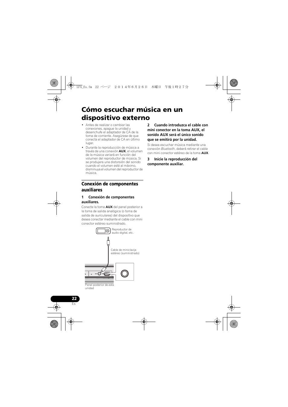 Cómo escuchar música en un dispositivo externo, Conexión de componentes auxiliares | Pioneer XW-LF3-K User Manual | Page 80 / 92