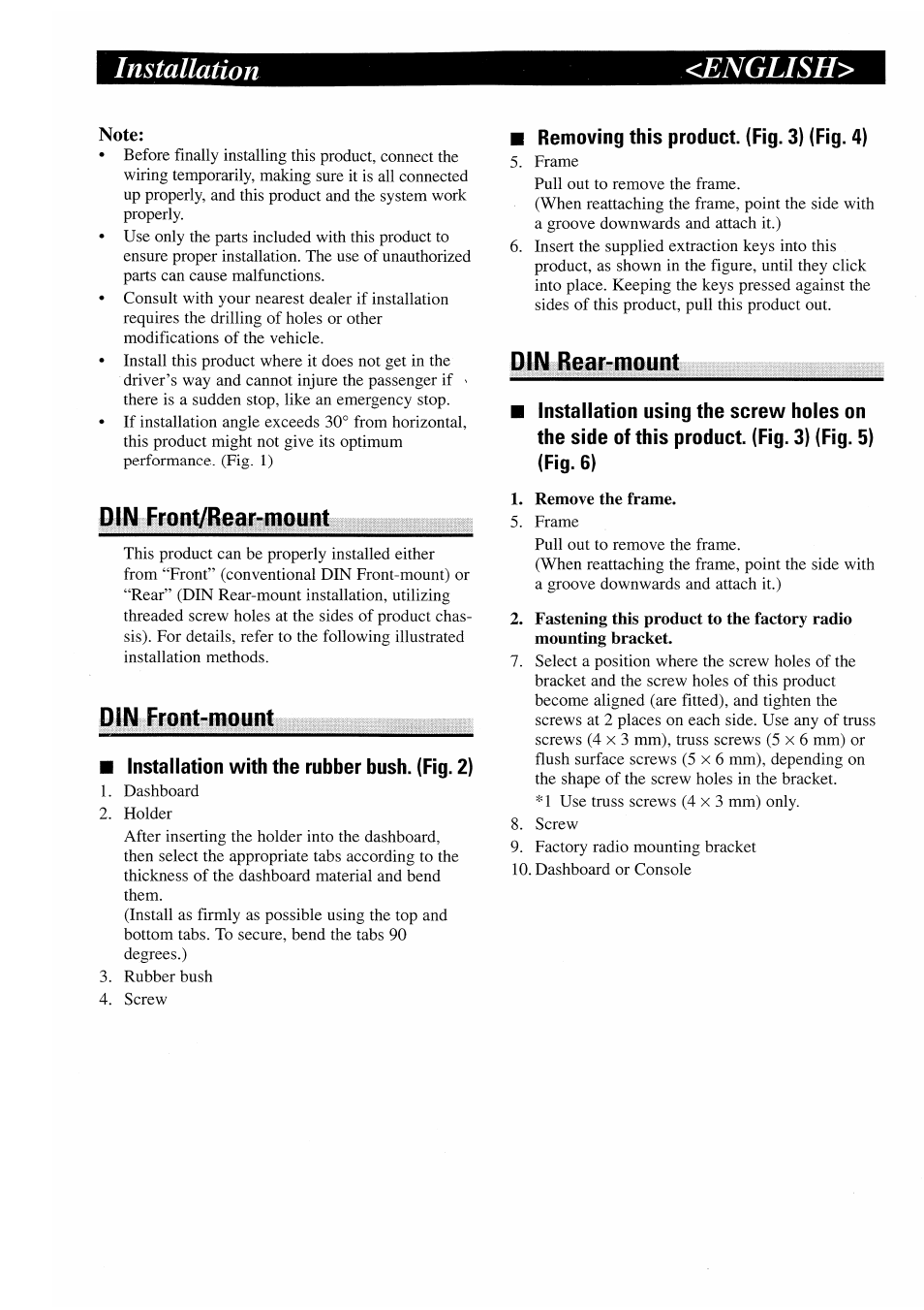 English, Installation with the rubber bush. (fig. 2), Removing this product. (fig. 3) (fig. 4) | Installation <english, Din front/rear-mount, Din front-mount, Din rear-mount | Pioneer AVX-7000 User Manual | Page 3 / 25