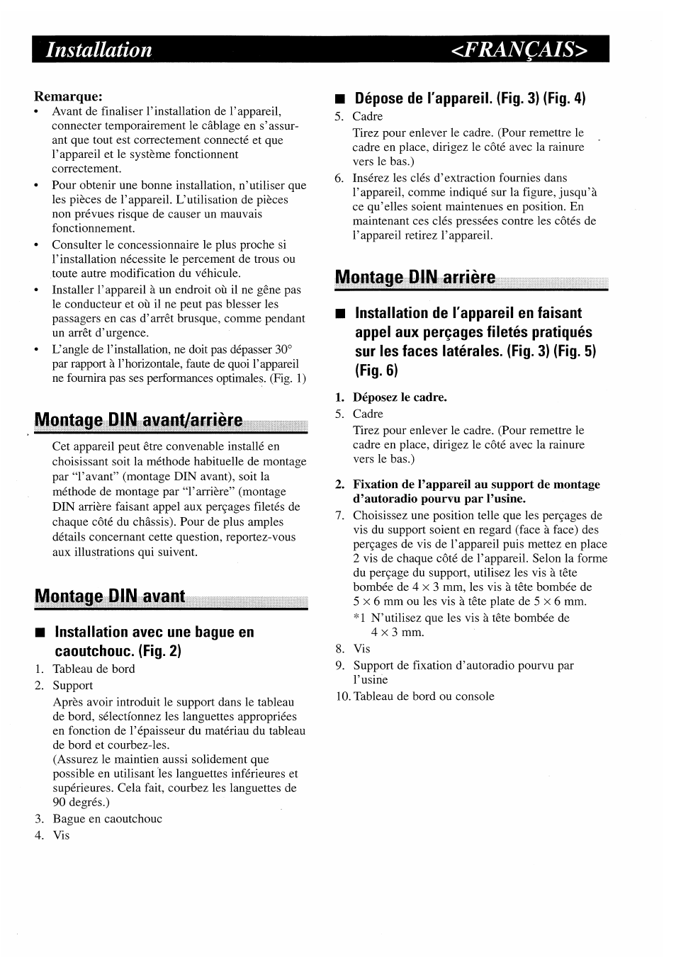 Français, Installation <français, Montage pin avant/arrière | Montage din avant, Montage din arrière | Pioneer AVX-7000 User Manual | Page 6 / 25