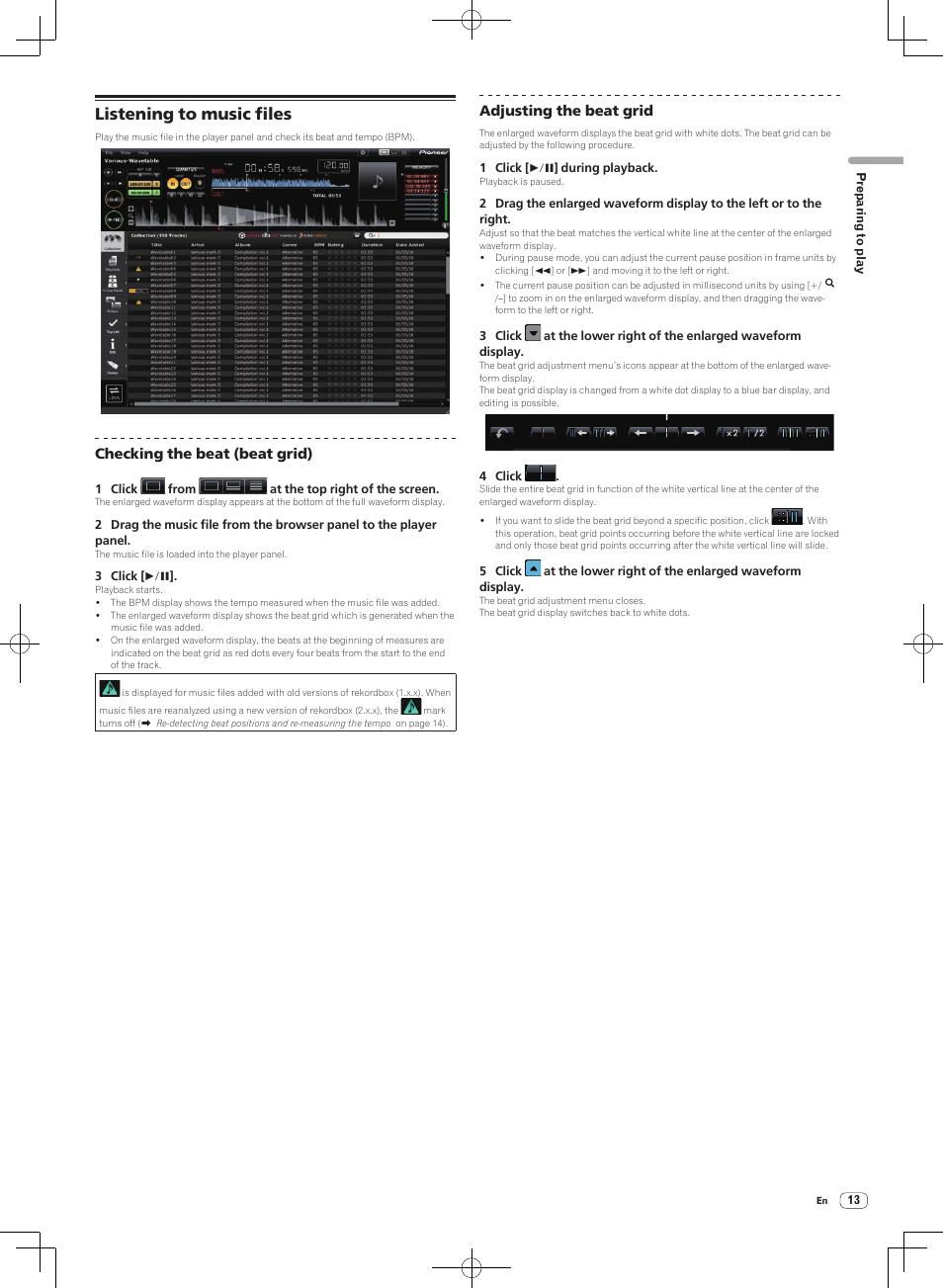 Listening to music files, Checking the beat (beat grid), Adjusting the beat grid | Pioneer DJM-2000NXS User Manual | Page 13 / 31