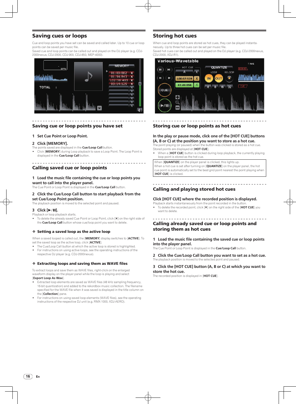 Saving cues or loops, Storing hot cues, Saving cues or loops storing hot cues | Pioneer DJM-2000NXS User Manual | Page 16 / 31