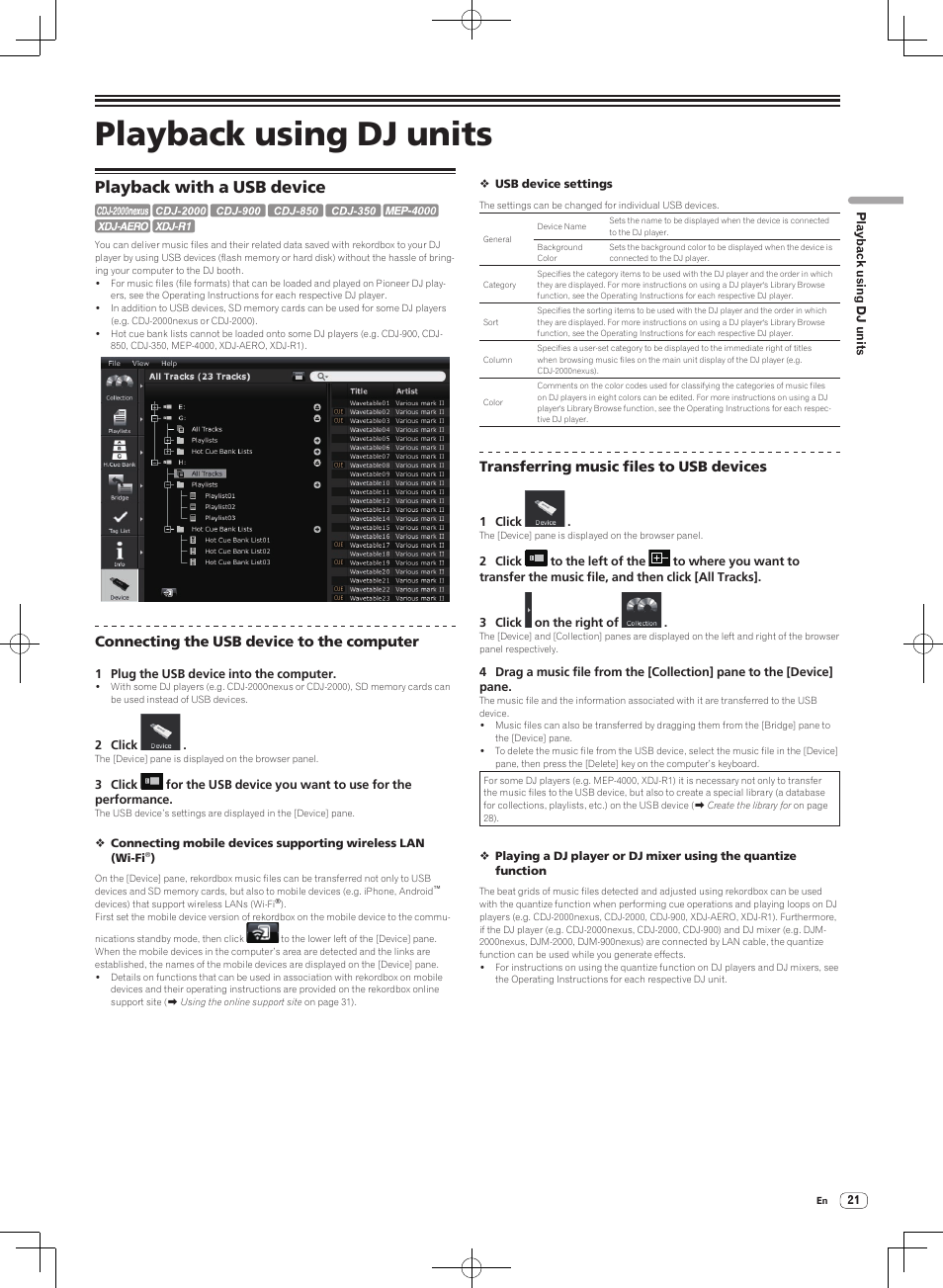 Playback using dj units, Playback with a usb device, Connecting the usb device to the computer | Transferring music files to usb devices | Pioneer DJM-2000NXS User Manual | Page 21 / 31