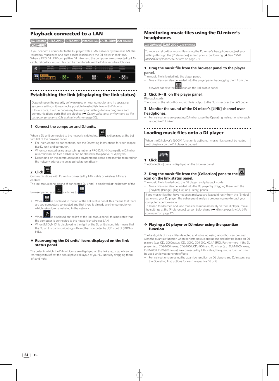 Playback connected to a lan, Establishing the link (displaying the link status), Loading music files onto a dj player | Pioneer DJM-2000NXS User Manual | Page 24 / 31