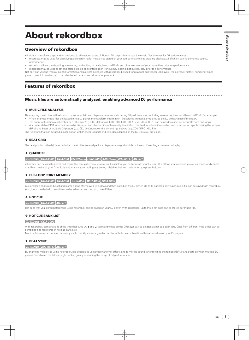 About rekordbox, Overview of rekordbox, Features of rekordbox | Overview of rekordbox features of rekordbox | Pioneer DJM-2000NXS User Manual | Page 3 / 31