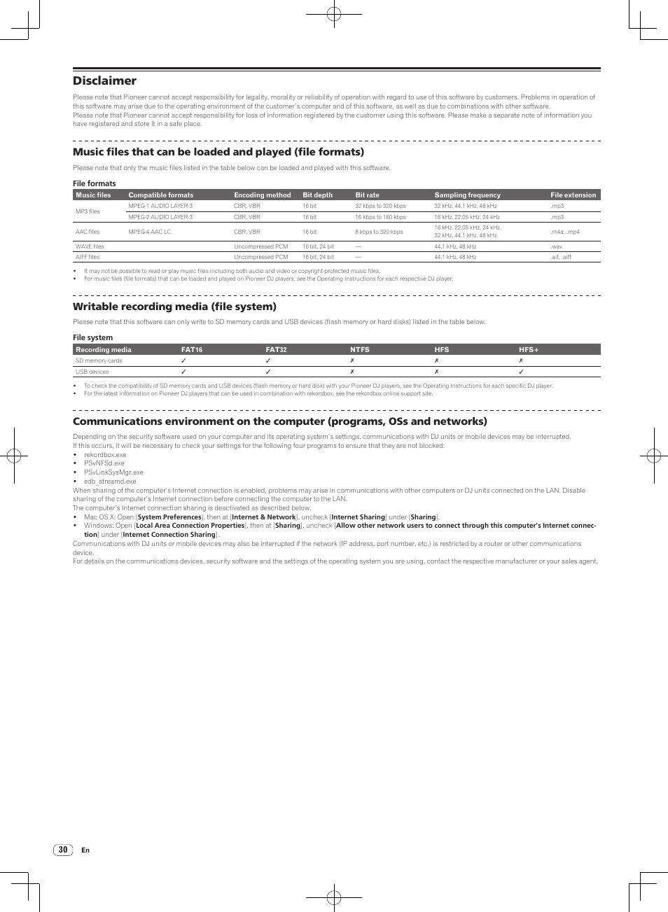 Disclaimer, Writable recording media (file system) | Pioneer DJM-2000NXS User Manual | Page 30 / 31