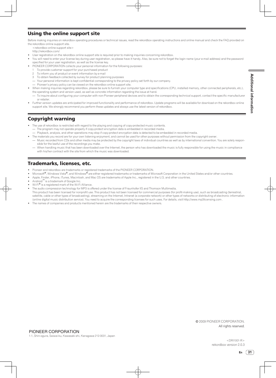 Using the online support site, Copyright warning, Trademarks, licenses, etc | Pioneer corporation | Pioneer DJM-2000NXS User Manual | Page 31 / 31