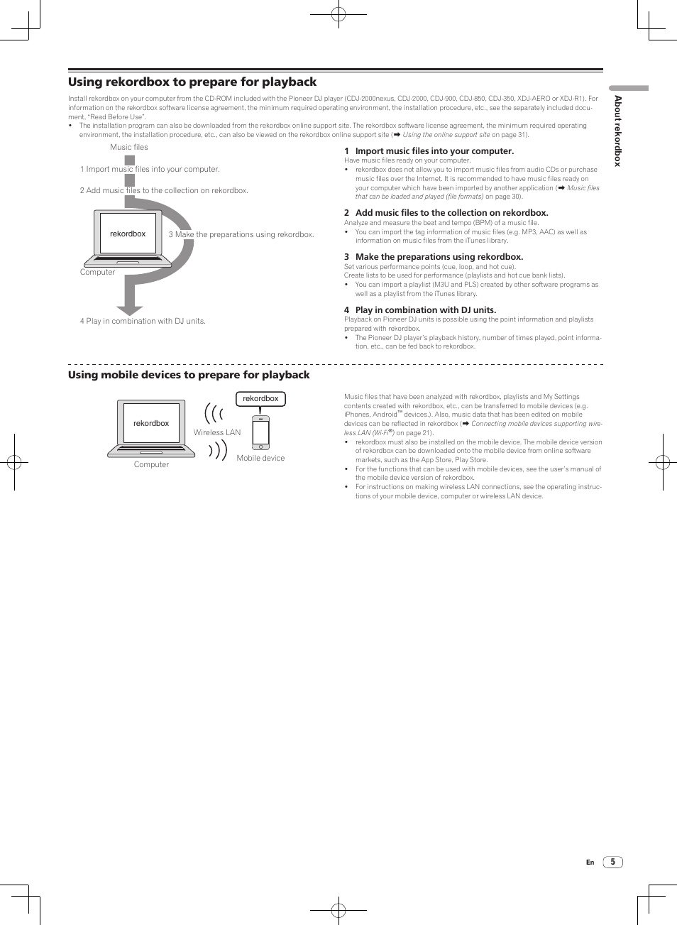 Using rekordbox to prepare for playback, Using mobile devices to prepare for playback | Pioneer DJM-2000NXS User Manual | Page 5 / 31