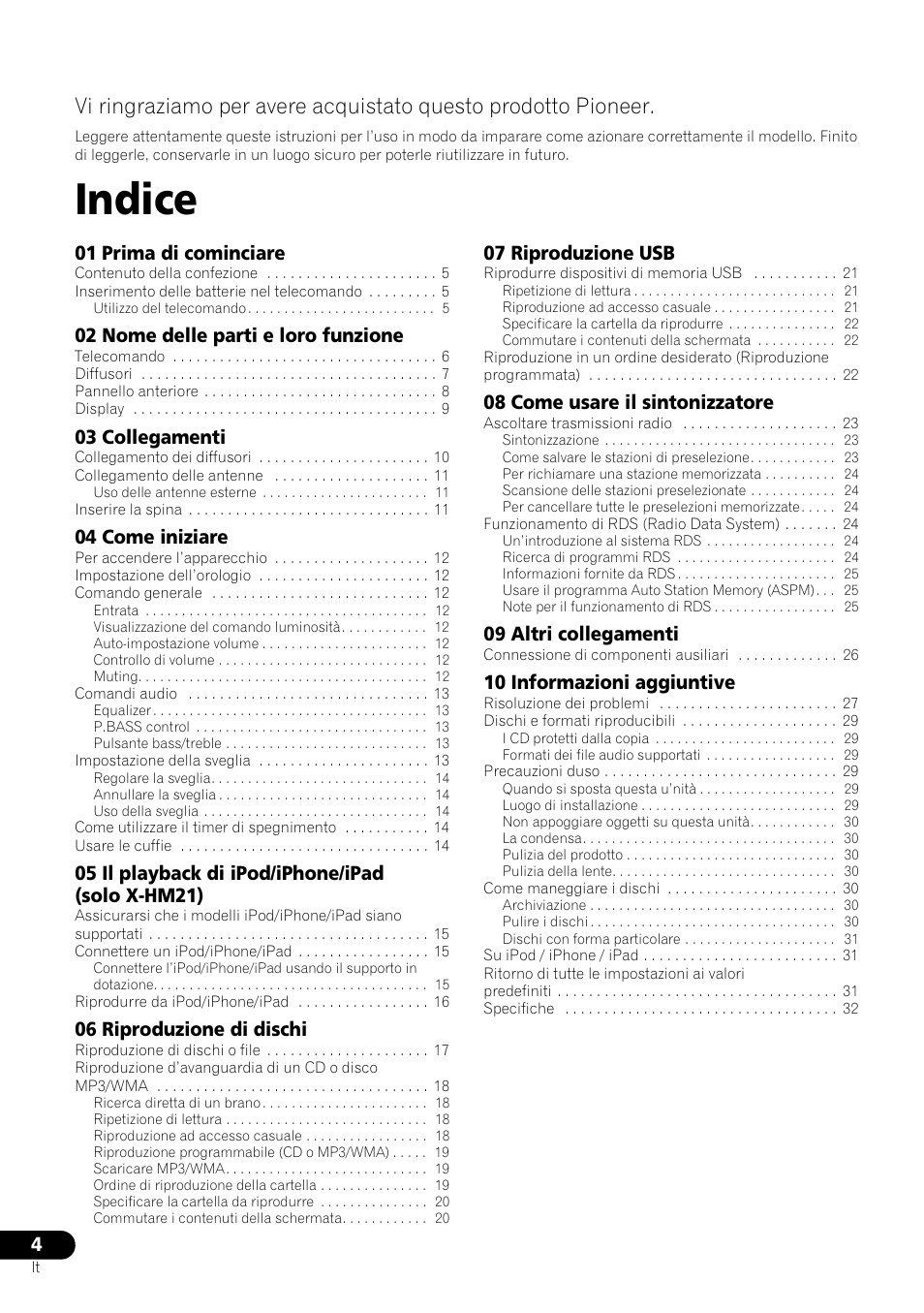 Sistema cd con amplificatore | cd receiver system, Istruzioni per l’uso, Indice | Pioneer X-HM21-K User Manual | Page 100 / 228