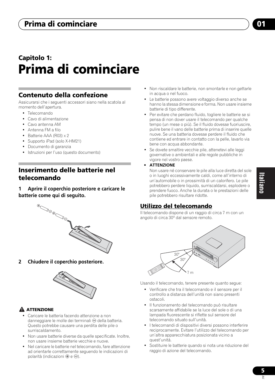 01 prima di cominciare, Utilizzo del telecomando, Prima di cominciare | Prima di cominciare 01, Capitolo 1, Contenuto della confezione, Inserimento delle batterie nel telecomando | Pioneer X-HM21-K User Manual | Page 101 / 228