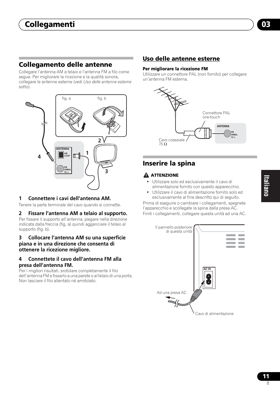 Collegamento delle antenne, Uso delle antenne esterne, Inserire la spina | Collegamenti 03 | Pioneer X-HM21-K User Manual | Page 107 / 228