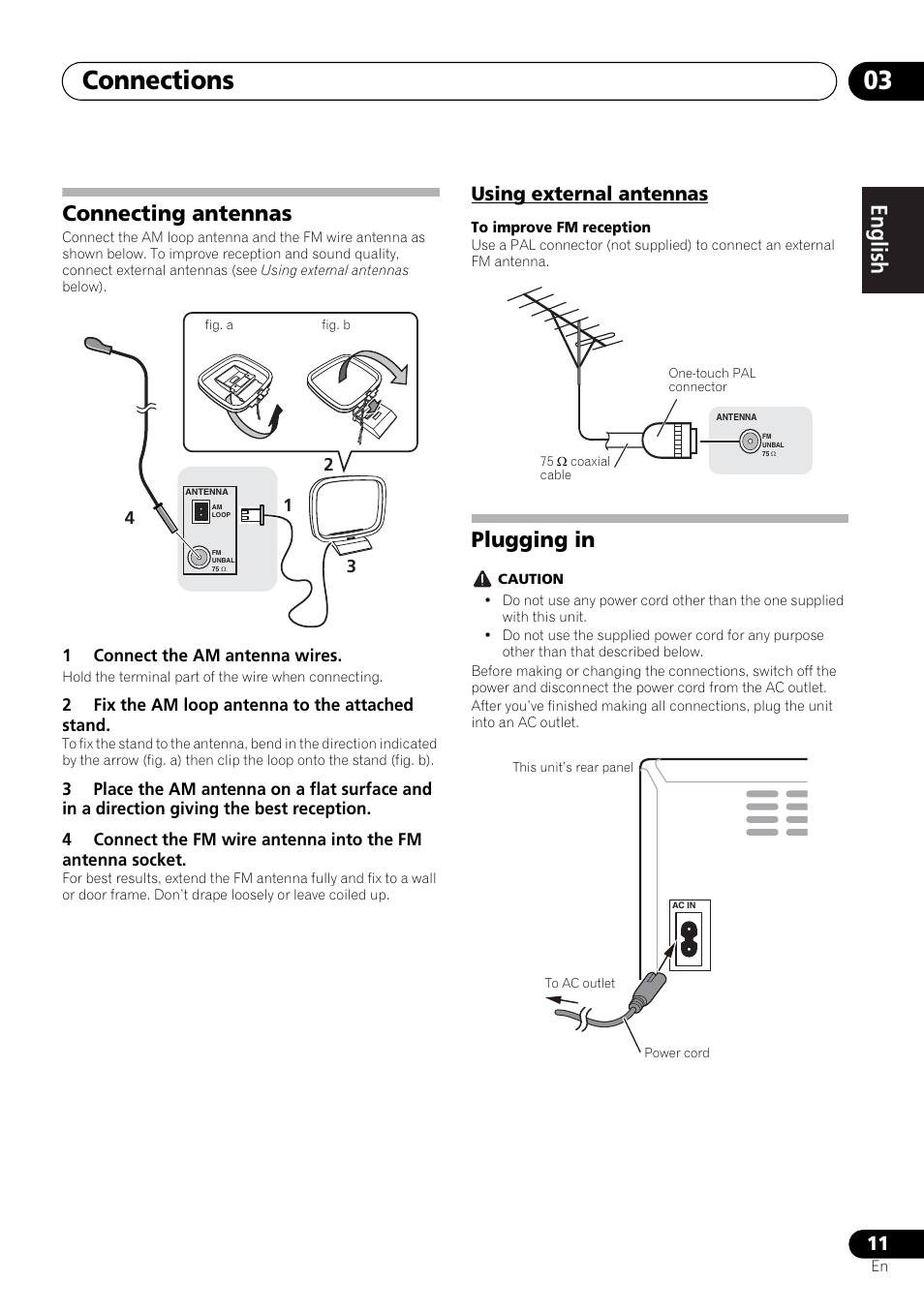 Connecting antennas, Using external antennas, Plugging in | Connections 03, English français español | Pioneer X-HM21-K User Manual | Page 11 / 228