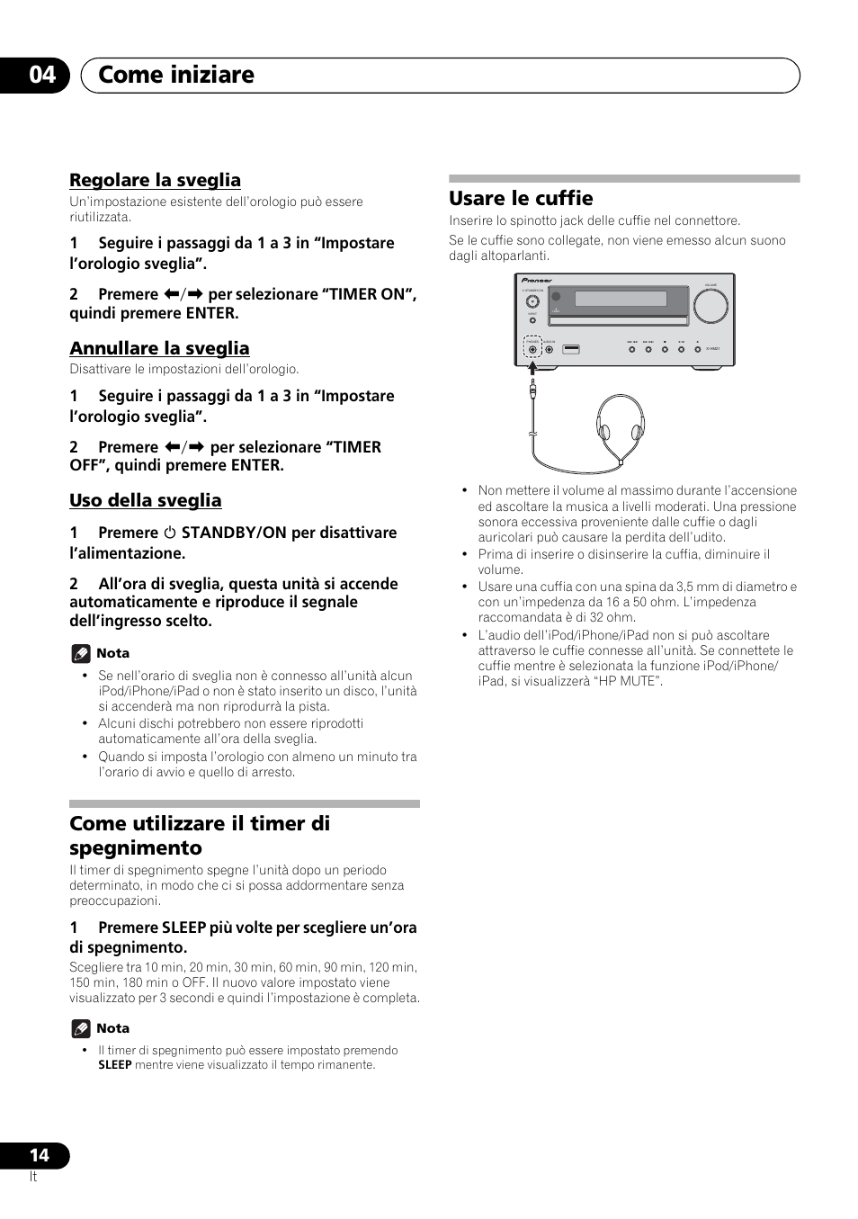 Come iniziare 04, Come utilizzare il timer di spegnimento, Usare le cuffie | Regolare la sveglia, Annullare la sveglia, Uso della sveglia | Pioneer X-HM21-K User Manual | Page 110 / 228