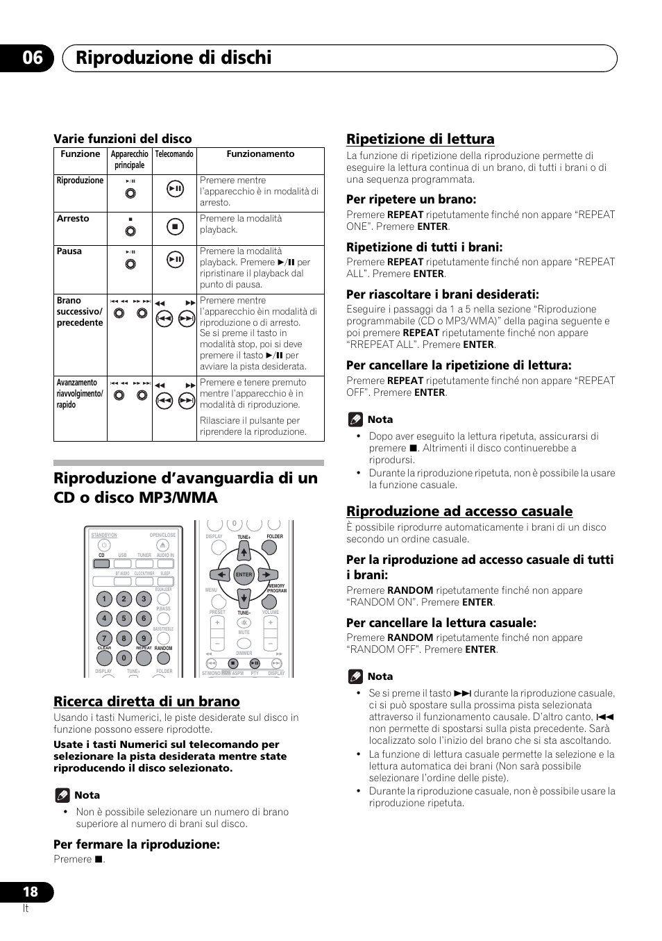 Riproduzione di dischi 06, Ricerca diretta di un brano, Ripetizione di lettura | Riproduzione ad accesso casuale, Varie funzioni del disco, Per fermare la riproduzione, Per ripetere un brano, Ripetizione di tutti i brani, Per riascoltare i brani desiderati, Per cancellare la ripetizione di lettura | Pioneer X-HM21-K User Manual | Page 114 / 228