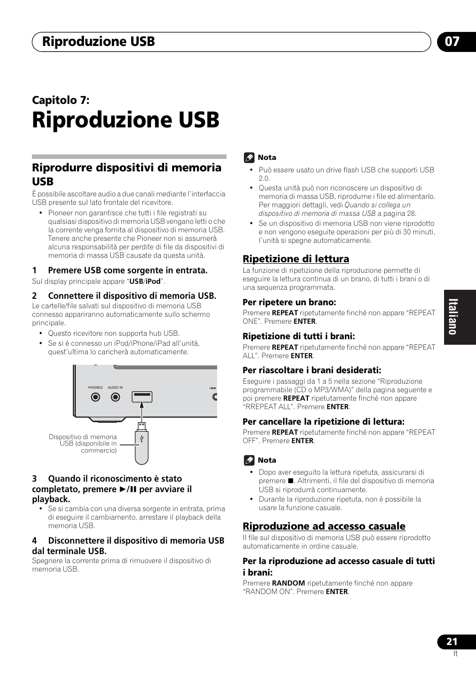 07 riproduzione usb, Riprodurre dispositivi di memoria usb, Riproduzione usb | Riproduzione usb 07, Capitolo 7, Ripetizione di lettura, Riproduzione ad accesso casuale | Pioneer X-HM21-K User Manual | Page 117 / 228