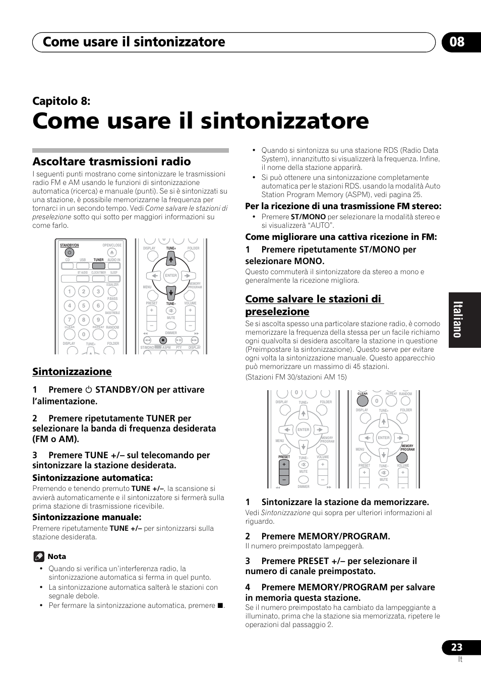 08 come usare il sintonizzatore, Ascoltare trasmissioni radio, Come usare il sintonizzatore | Come usare il sintonizzatore 08, Capitolo 8, Sintonizzazione, Come salvare le stazioni di preselezione, Sintonizzazione manuale, Per la ricezione di una trasmissione fm stereo | Pioneer X-HM21-K User Manual | Page 119 / 228