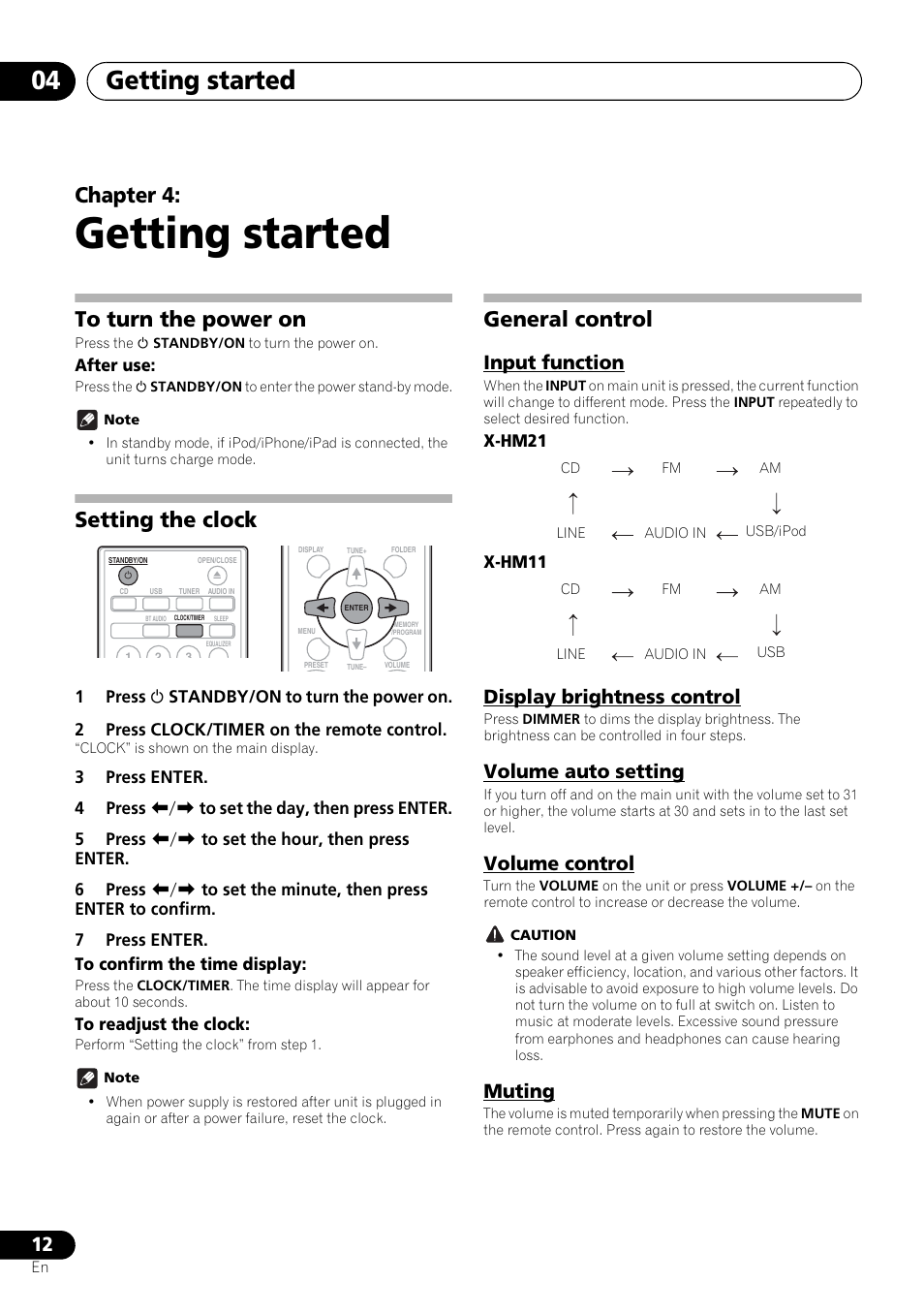 04 getting started, Getting started, Getting started 04 | Chapter 4, Setting the clock, General control, Input function, Display brightness control, Volume auto setting, Volume control | Pioneer X-HM21-K User Manual | Page 12 / 228