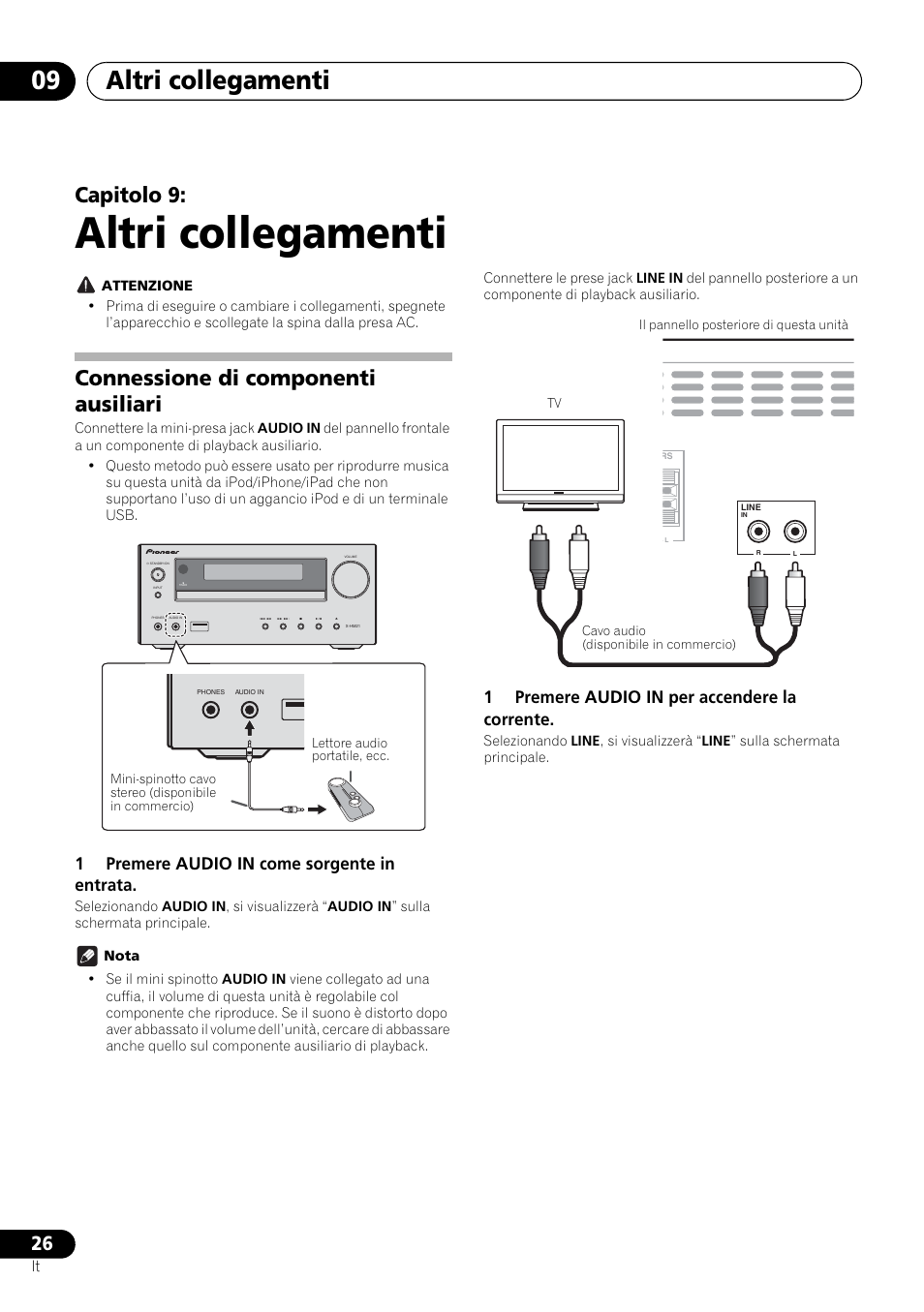 09 altri collegamenti, Connessione di componenti ausiliari, Altri collegamenti | Altri collegamenti 09, Capitolo 9, 1premere audio in come sorgente in entrata, 1premere audio in per accendere la corrente | Pioneer X-HM21-K User Manual | Page 122 / 228