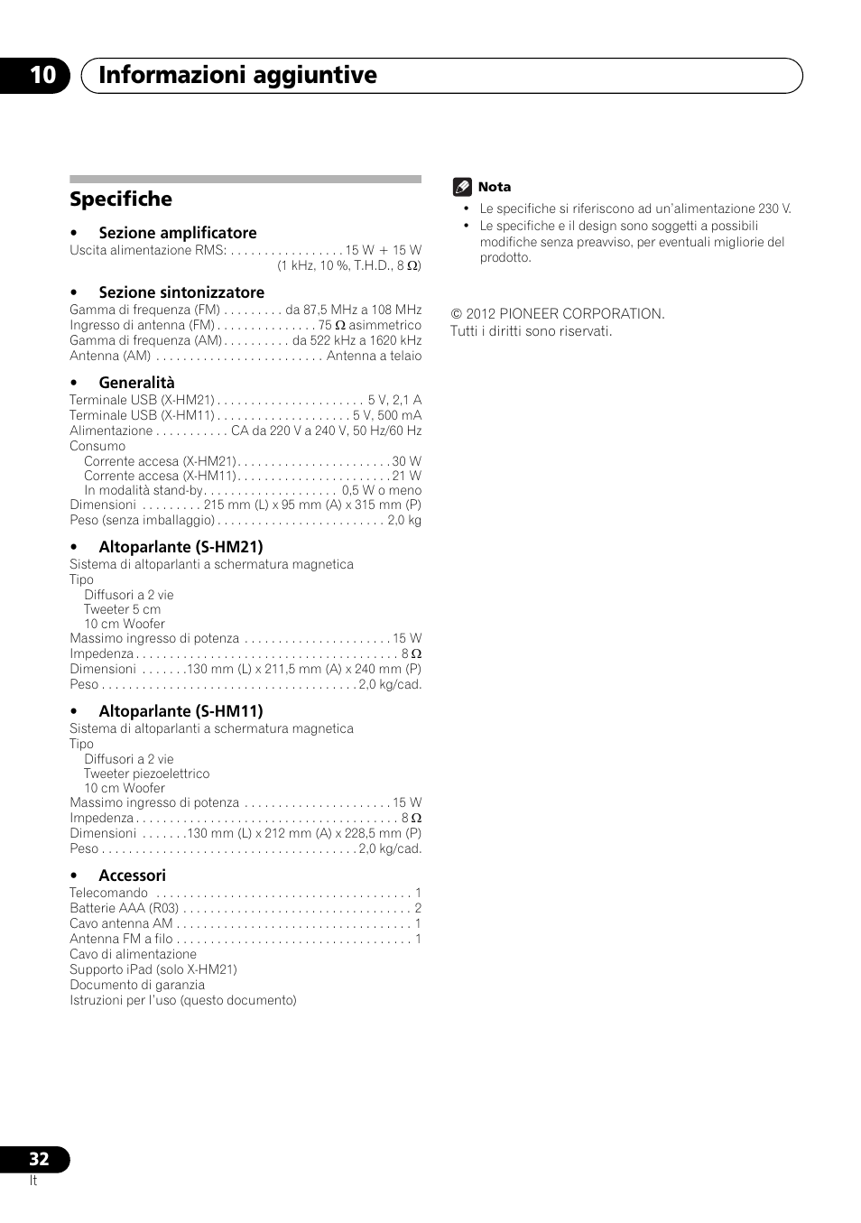 Specifiche, Informazioni aggiuntive 10 | Pioneer X-HM21-K User Manual | Page 128 / 228