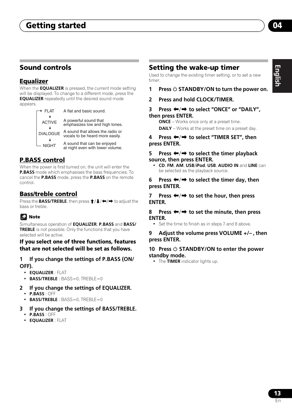 Sound controls, Equalizer p.bass control bass/treble control, Setting the wake-up timer | Getting started 04, English français español | Pioneer X-HM21-K User Manual | Page 13 / 228