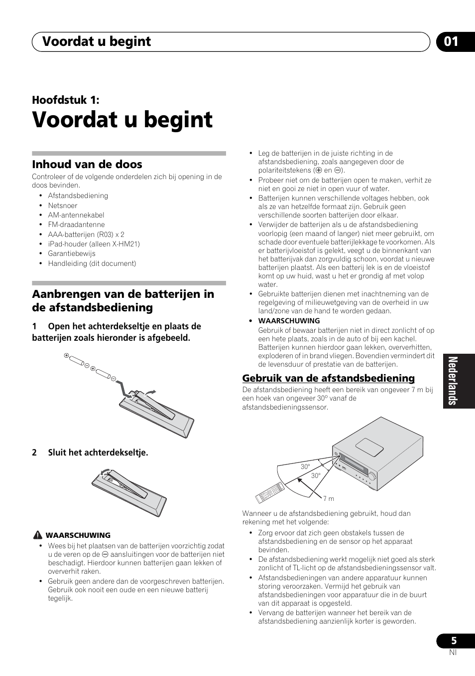 01 voordat u begint, Gebruik van de afstandsbediening, Voordat u begint | Voordat u begint 01, Hoofdstuk 1, Inhoud van de doos | Pioneer X-HM21-K User Manual | Page 133 / 228