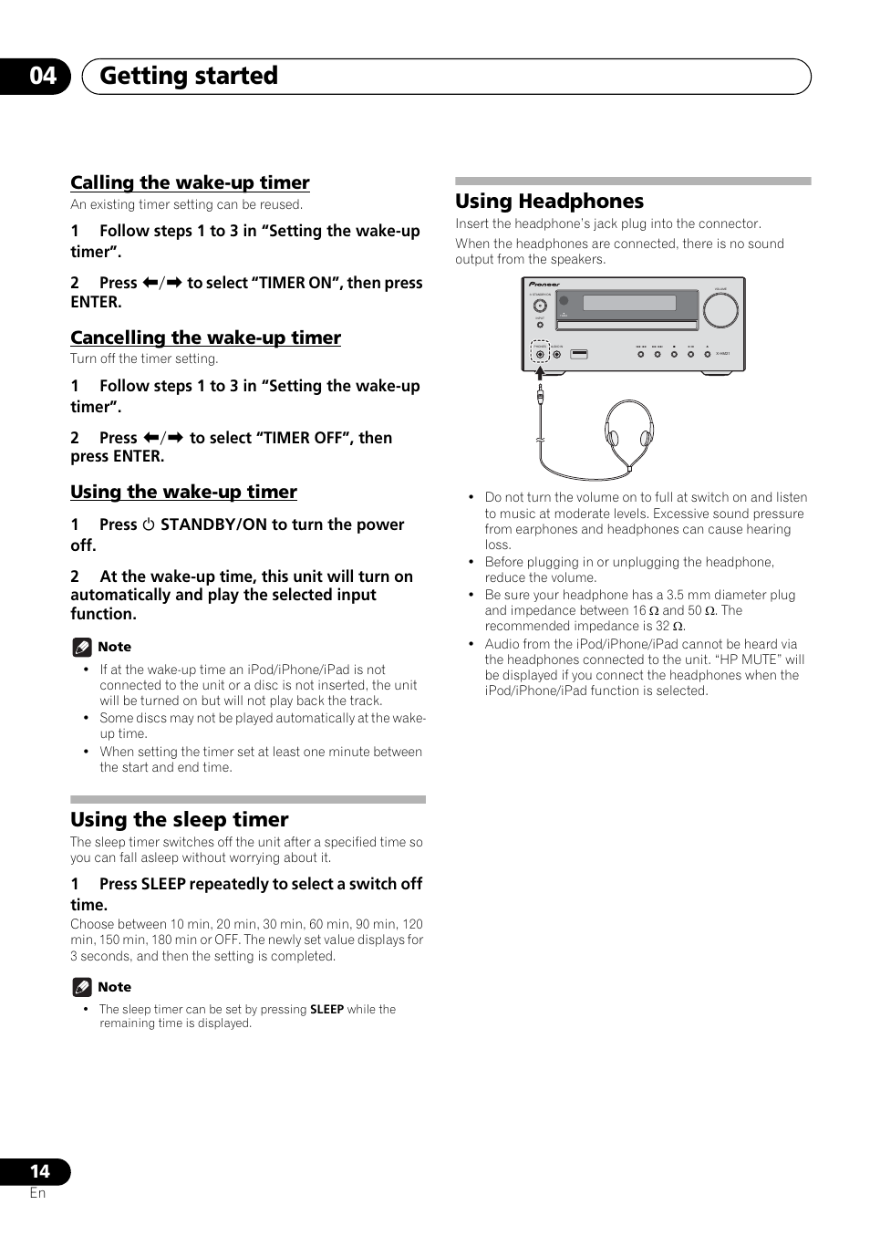 Using the sleep timer using headphones, Getting started 04, Using the sleep timer | Using headphones, Calling the wake-up timer, Cancelling the wake-up timer, Using the wake-up timer | Pioneer X-HM21-K User Manual | Page 14 / 228