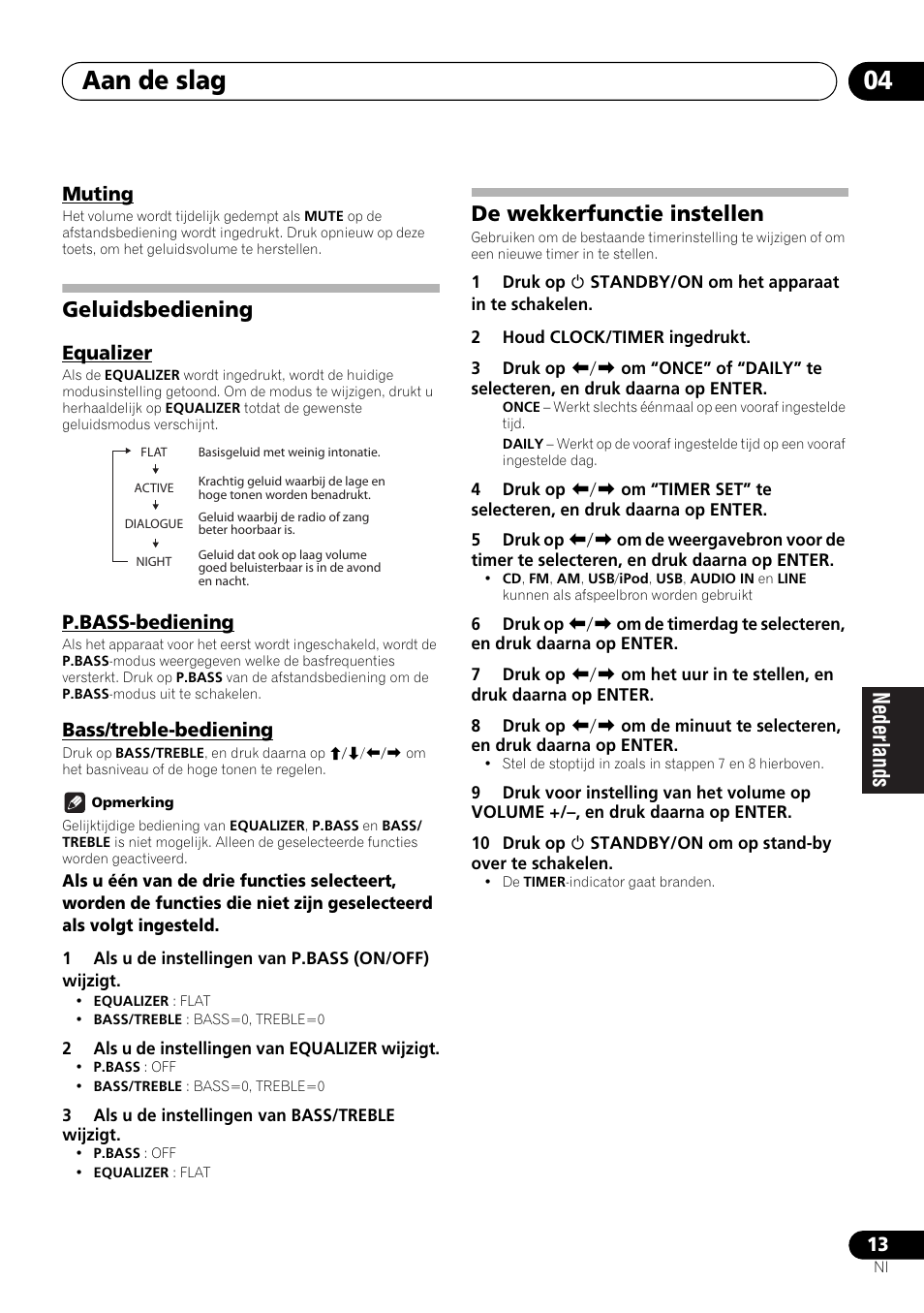 Muting, Geluidsbediening, Equalizer p.bass-bediening bass/treble-bediening | De wekkerfunctie instellen, Aan de slag 04 | Pioneer X-HM21-K User Manual | Page 141 / 228