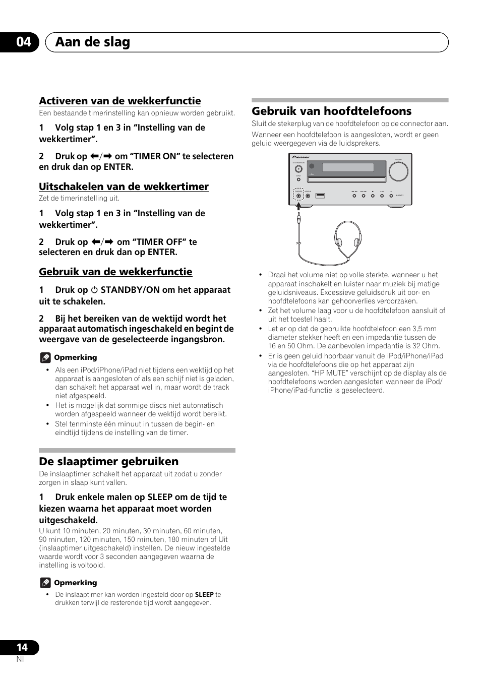 De slaaptimer gebruiken gebruik van hoofdtelefoons, Aan de slag 04, De slaaptimer gebruiken | Gebruik van hoofdtelefoons, Activeren van de wekkerfunctie, Uitschakelen van de wekkertimer, Gebruik van de wekkerfunctie | Pioneer X-HM21-K User Manual | Page 142 / 228