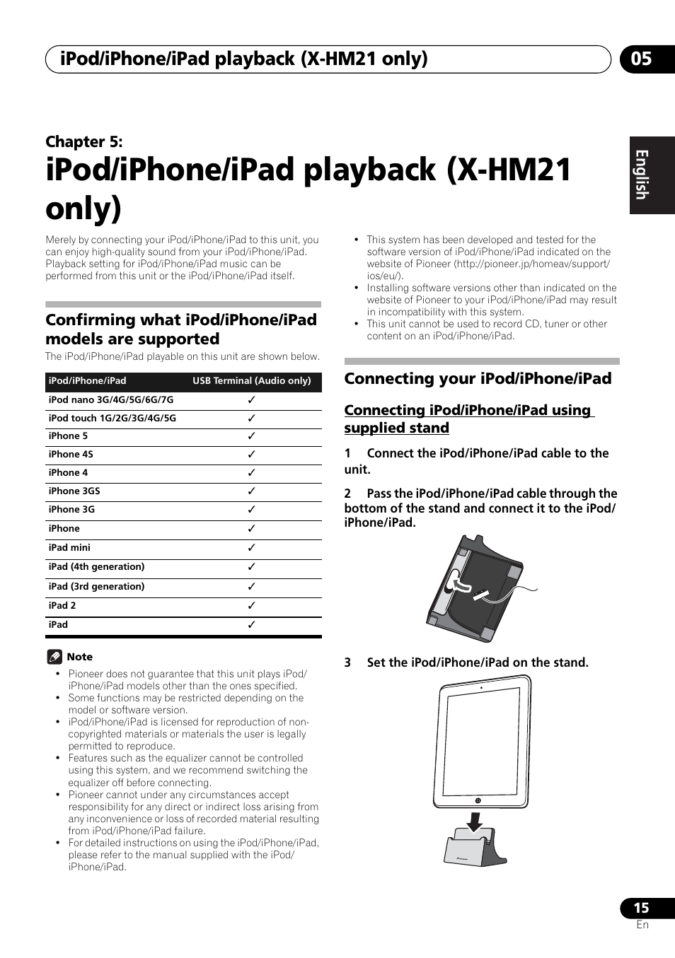 05 ipod/iphone/ipad playback (x-hm21 only), Connecting ipod/iphone/ipad using supplied stand, Ipod/iphone/ipad playback (x-hm21 only) | Ipod/iphone/ipad playback (x-hm21 only) 05, English français español, Chapter 5, Connecting your ipod/iphone/ipad | Pioneer X-HM21-K User Manual | Page 15 / 228