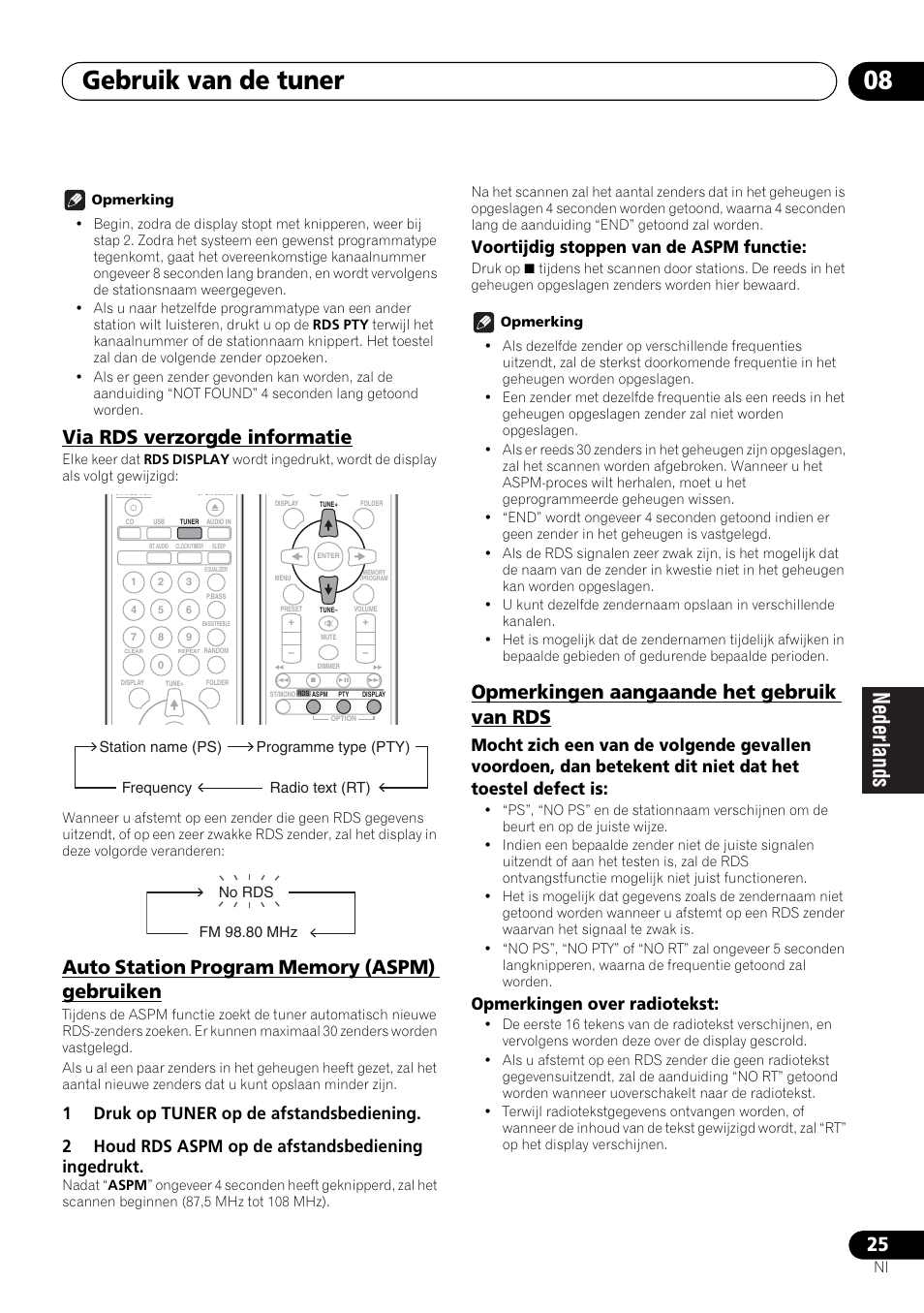 Gebruik van de tuner 08, Via rds verzorgde informatie, Opmerkingen aangaande het gebruik van rds | Voortijdig stoppen van de aspm functie, Opmerkingen over radiotekst | Pioneer X-HM21-K User Manual | Page 153 / 228