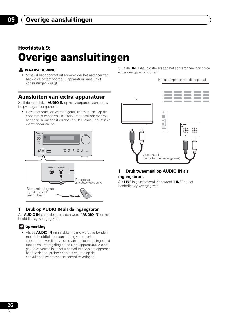 09 overige aansluitingen, Aansluiten van extra apparatuur, Overige aansluitingen | Overige aansluitingen 09, Hoofdstuk 9, 1druk op audio in als de ingangsbron, 1druk tweemaal op audio in als ingangsbron | Pioneer X-HM21-K User Manual | Page 154 / 228