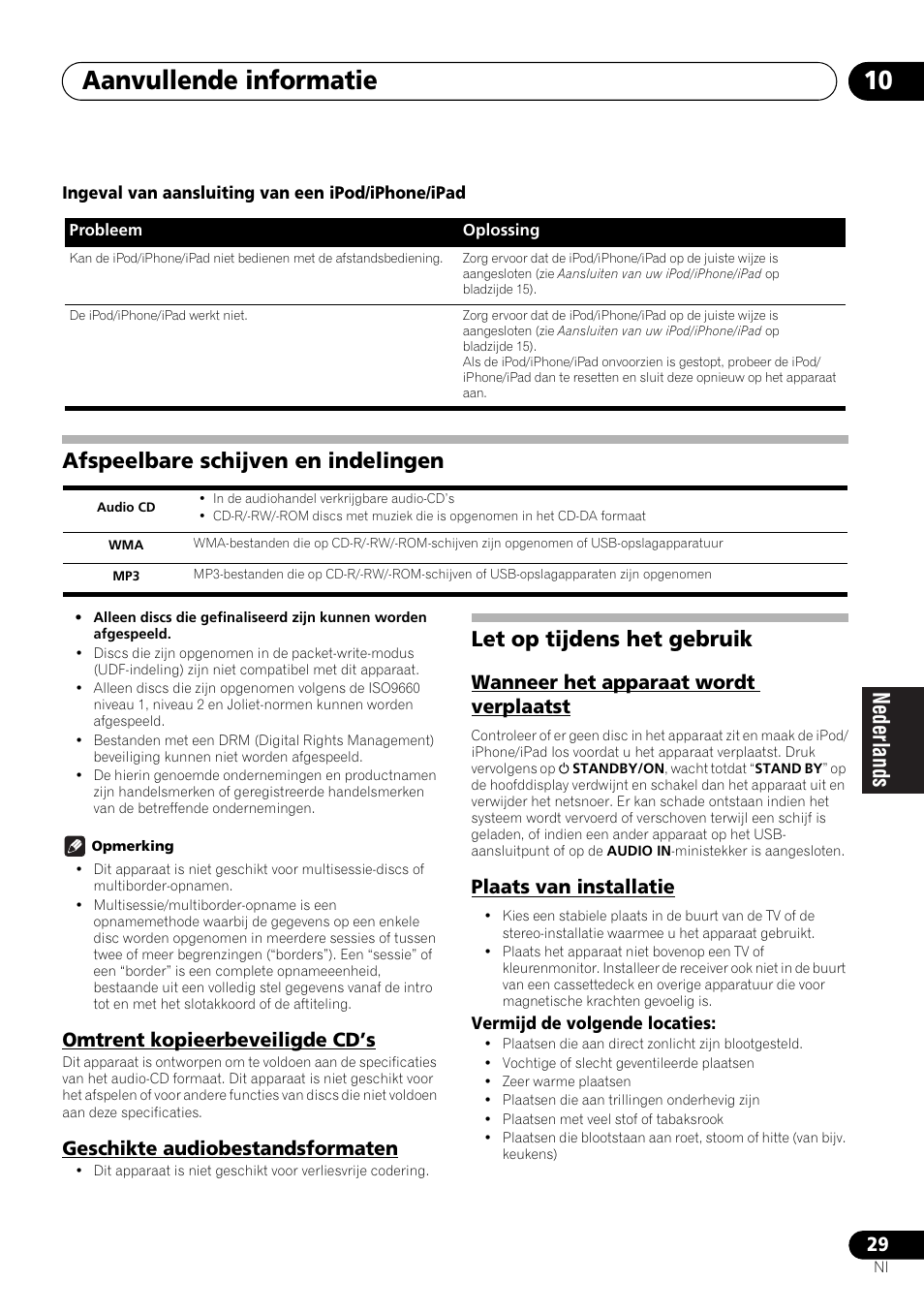 Afspeelbare schijven en indelingen, Let op tijdens het gebruik, Aanvullende informatie 10 | Omtrent kopieerbeveiligde cd’s, Geschikte audiobestandsformaten, Wanneer het apparaat wordt verplaatst, Plaats van installatie | Pioneer X-HM21-K User Manual | Page 157 / 228